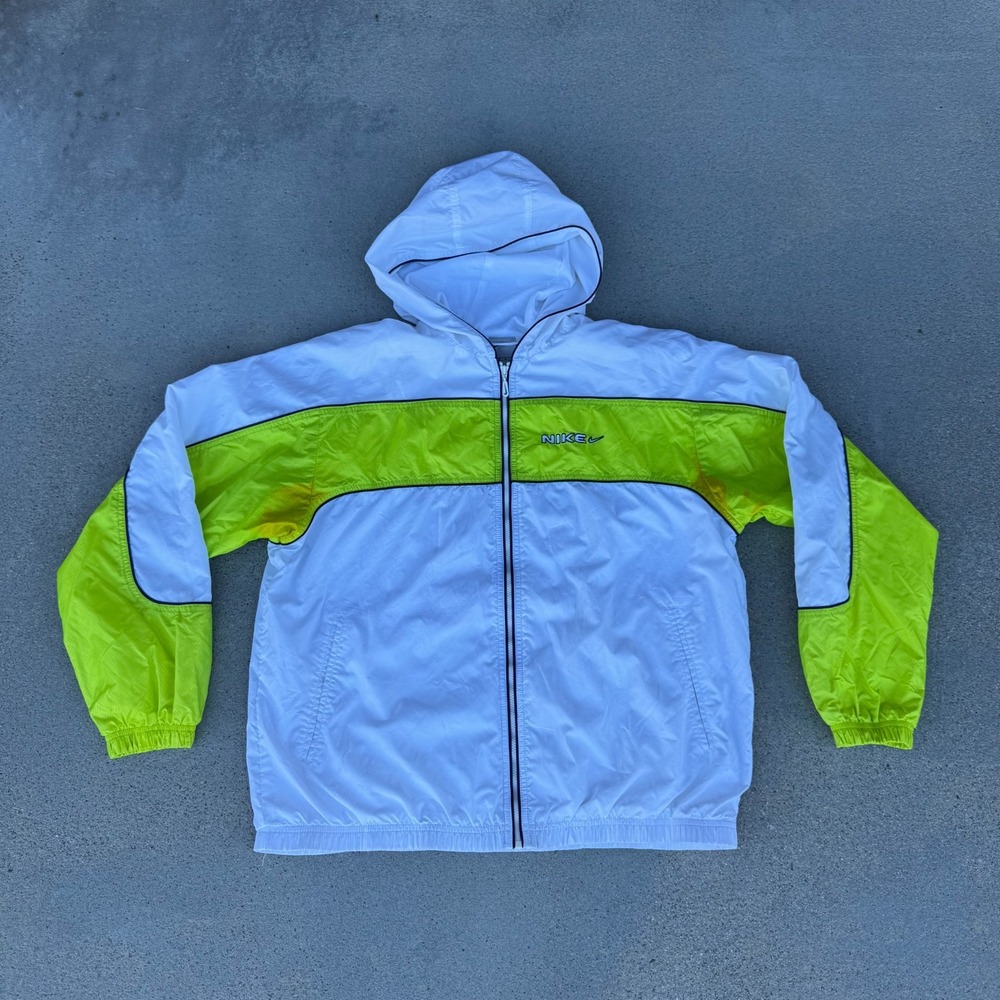 Nike Hooded Windbreaker Women Medium Full Zip Lined White & Lime Swoosh Logo